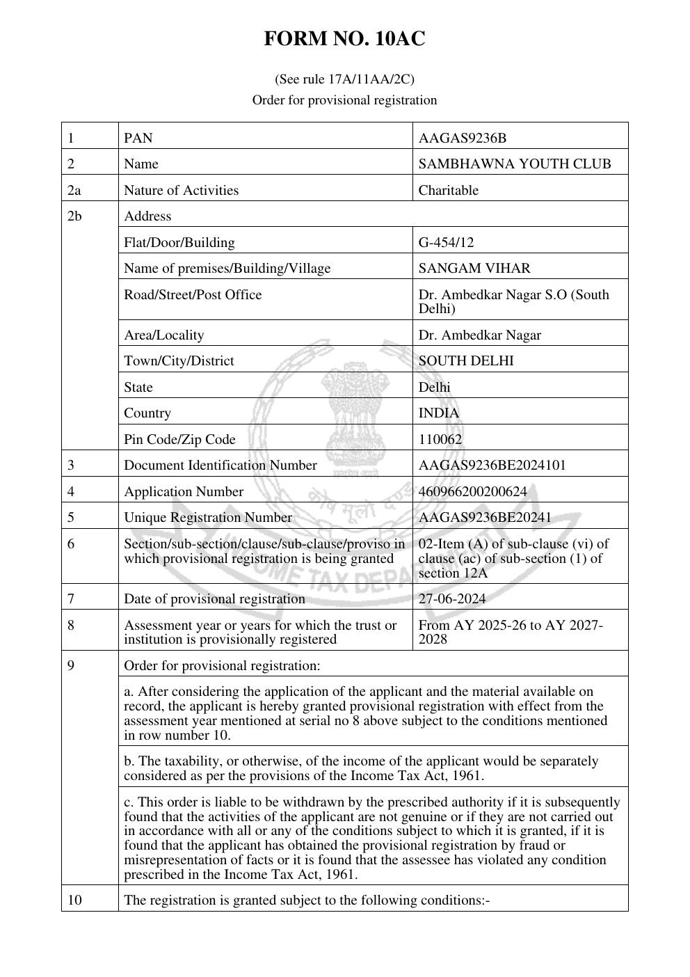 Form 10AC — Provisional 12A Registration — page 1