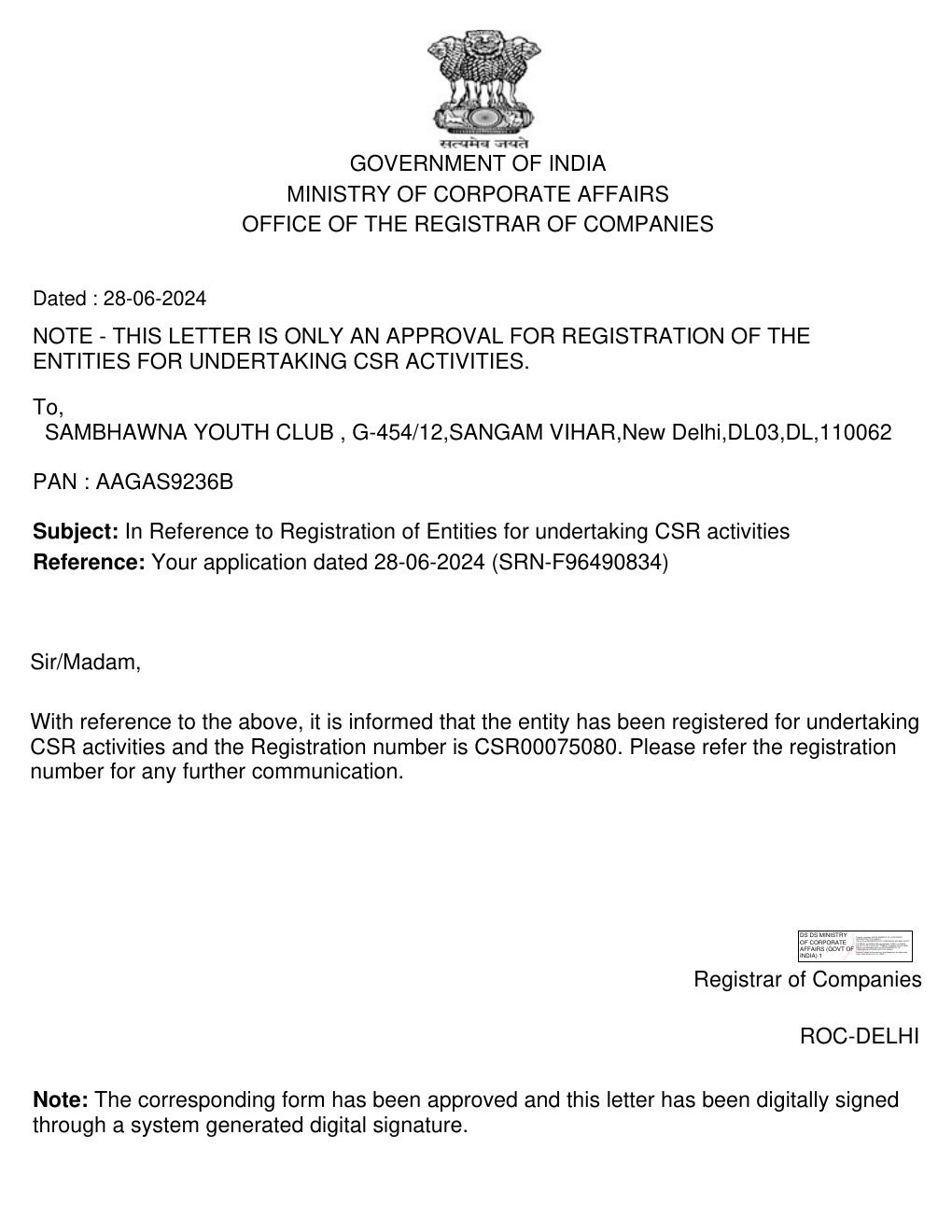 MCA CSR-1 Registration Approval Letter — page 1